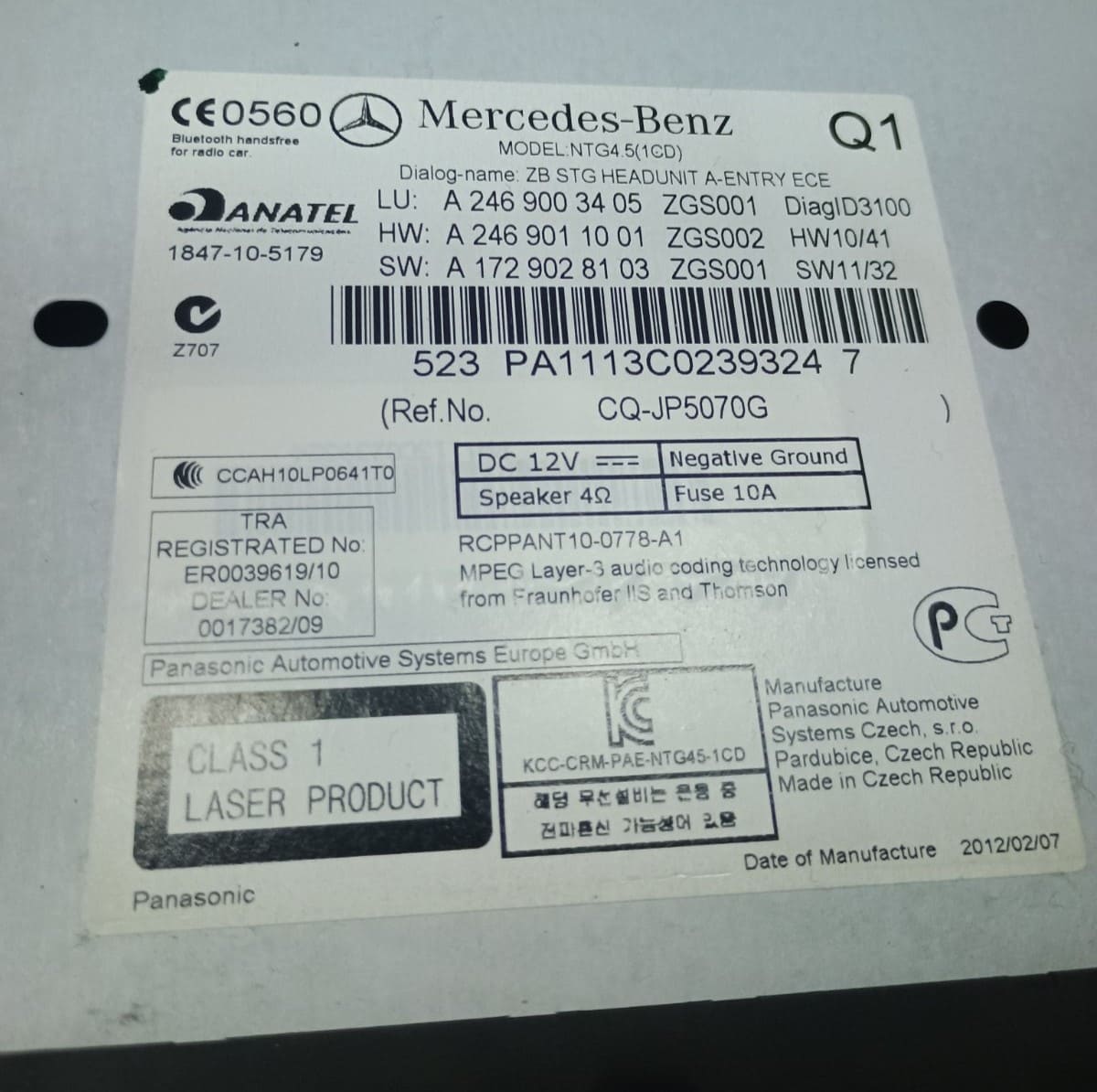 Mercedes NTG Anti-Theft PA label